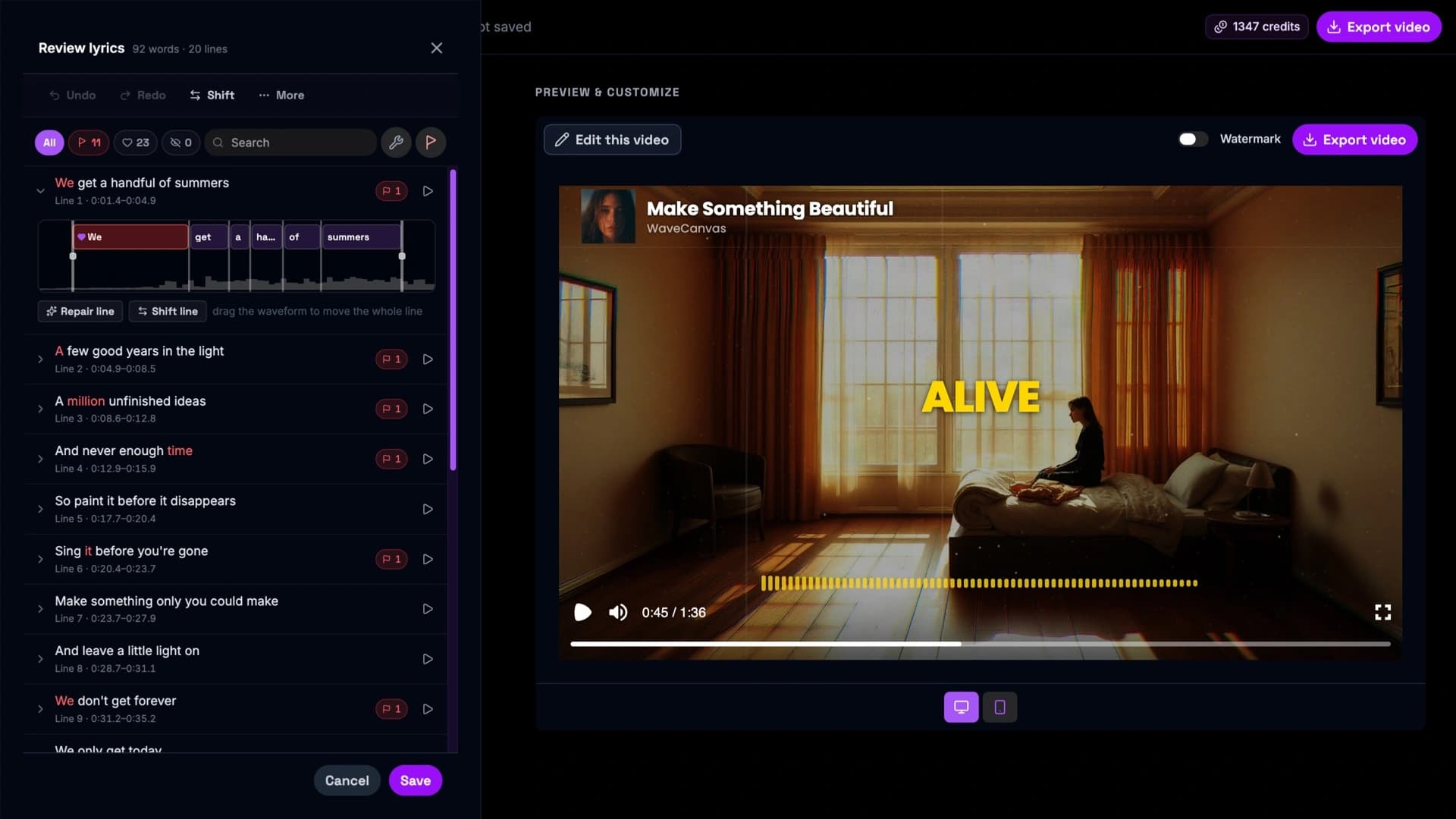The WaveCanvas editor — lyric review panel beside the live video preview